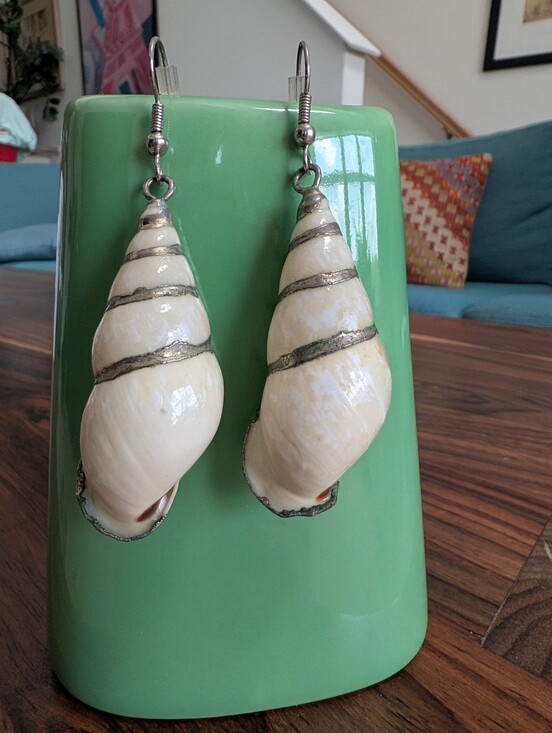 Jewelry - Vintage Silver Trimmed Natural Sea Snail Shell Dangle Drop Earrings Coastal